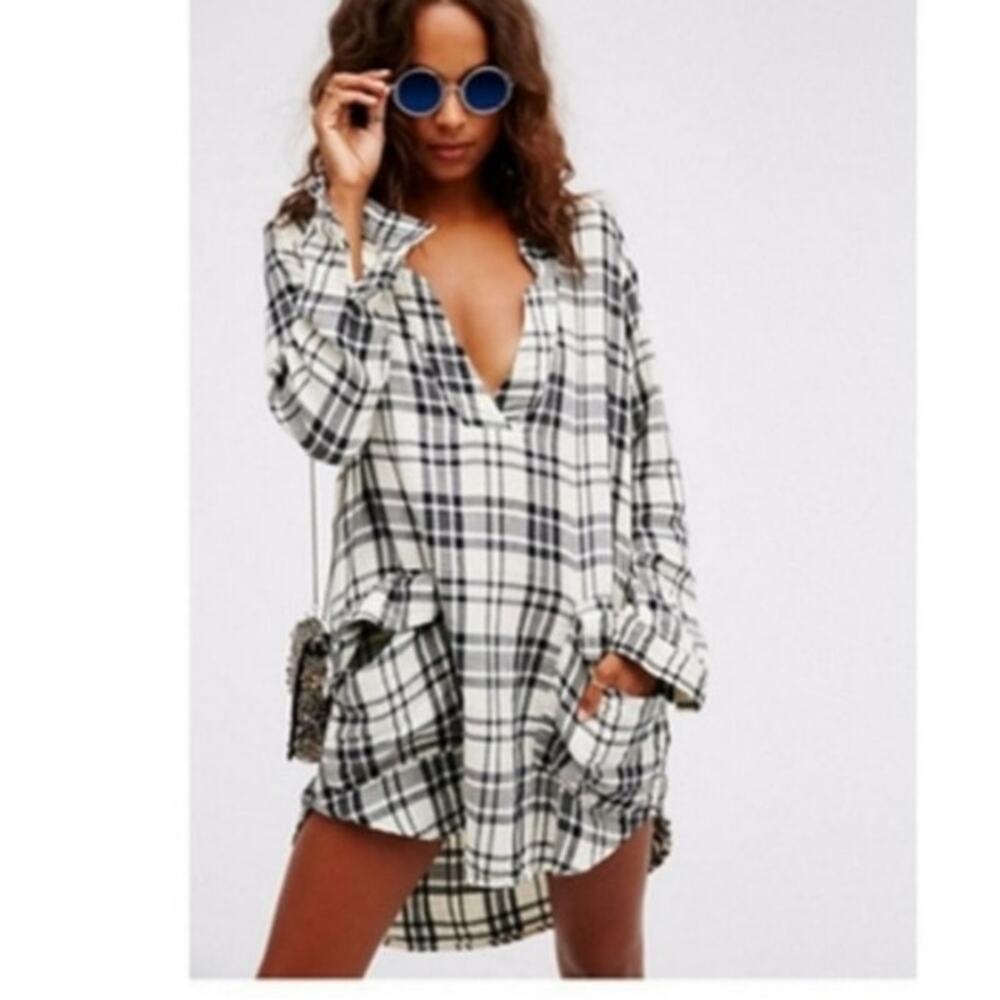 CP Shades x Free People Plaid Checkmate Dress Tunic Shirtdress Size Small